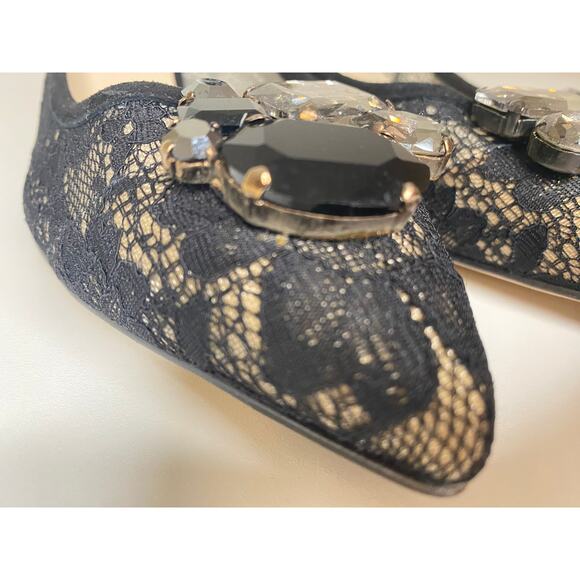 LK BENNETT HEELS 39.5 40 KITTEN BLACK LACE NUDE JULIET SUEDE JEWEL EMBELLISHMENT - Picture 16 of 16